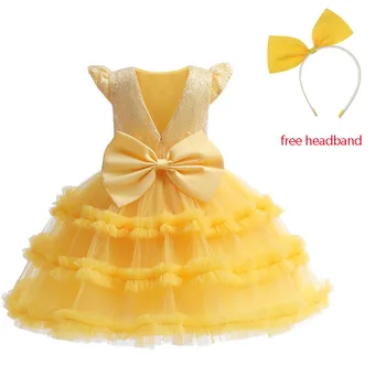 2023 Yeni Çocuk Dantel Katı Sarı Yay Zarif Prenses Elbiseler Kızlar İçin Karnaval Parti Balo Çocuk Giyim Vestidos 3-10Y