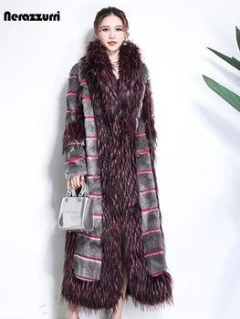 Nerazzurri Kadın Kış Moda 2021 Lüks Pist Zarif Uzun Faux Kürk Ceket Renk Bloğu Kabarık Sıcak Kalın Sahte Vizon Palto