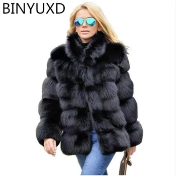 BINYUXD 2022 Yeni Kış Ceket Kadınlar Faux Fox Kürk Ceket Artı Boyutu Kadın Standı Yaka Uzun Kollu Faux Kürk Ceket Kürk jile fourrure