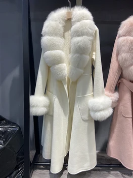 Sıcak Satış Kadın Moda Kış El Yapımı Çift Taraflı Yün Beyaz Gerçek Tilki Kürk Yaka Uzun Sıcak Kadın Yün Ceket