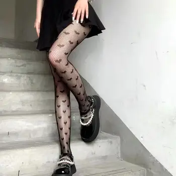 Dantel Sevimli Siyah G Çorap Pantolon Tayt Japon Gotik Kadınlar Seksi Aşk Baskı Punk Lolita Koyu Fishnet Mesh Goth Külotlu Çorap