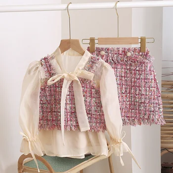 Bahar, Sonbahar Kızlar 2 Adet Set Bebek Kırpma Yelek + Etek Çocuk Marka Giysiler Moda Çavuş İnci Püskül 2 İla 7 Yaş Elbiseleri 