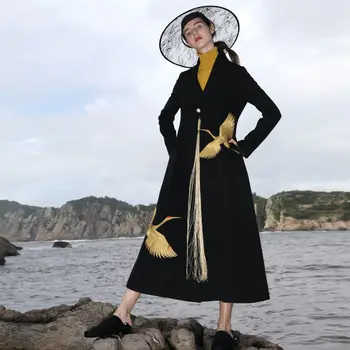 Sonbahar Kış Yün Ceket Kadın Çin Tarzı Nakış Vintage Tang Takım Elbise Büyük Boy Yün Ceket Kadın Zarif Uzun Dış Giyim 4XL