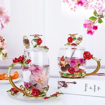 El yapımı Emaye Kahve Kupa Kristal Bardak Süt Limon çiçek çayı Bardak Yüksek dereceli Cam Drinkware Hediye sevgili İçin ikili kupa Düğün