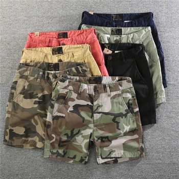 100 % Pamuk Yaz Askeri kamuflajlı kargo Şort Erkekler Streetwear Vintage Düz Rahat Yarım Uzunlukta Saf Kısa Homme Pantolon