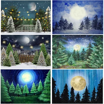 Mocsıcka Kış Noel Kar Zemin Yağlıboya Yeşil Çam Ağacı Yıldız Ay Dekor Fotoğraf Stüdyosu Fotoğraf Arka Plan