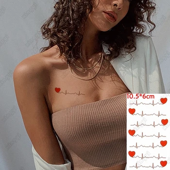Su geçirmez Geçici Dövmeler Çıkartmalar Güzel Kırmızı Kalp Eğrisi Kalp Hızı Grafiği Dövme Su Transferi Sahte Flaş Dövme Kadın Kızlar