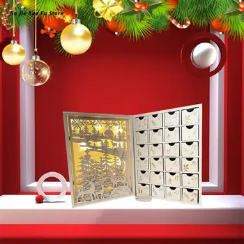 Noel Ahşap Advent Takvimi Kitap Çekmeceli led ışık 24 Gün Geri Sayım Şeker Organizatör Karlı Köy Sahne Noel