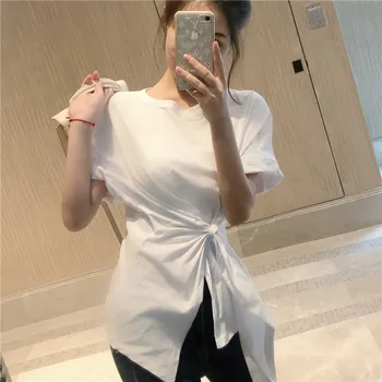 O-boyun Yaz T-Shirt Kadın Kore Düğüm Seksi Pamuk Rahat Ofis Bayan Streetwear Gevşek Gömlek Tops Düzensiz İçi Boş Z354