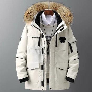 Kalınlaşmak erkek Aşağı Ceketler Büyük Gerçek Kürk Yaka Sıcak Parka-30 derece Erkekler Rahat 90 % Beyaz Ördek Aşağı Palto Kış Kar Palto