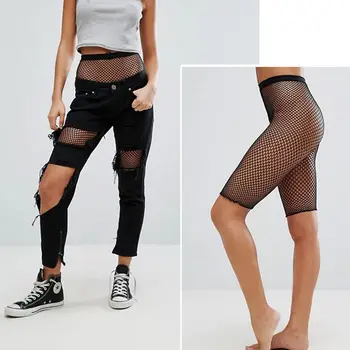 2018 Yeni Kadın Seksi Fishnet Mesh Legging Bisiklet Şort Sıcak Pantolon Elastik Siyah Underwrear Moda