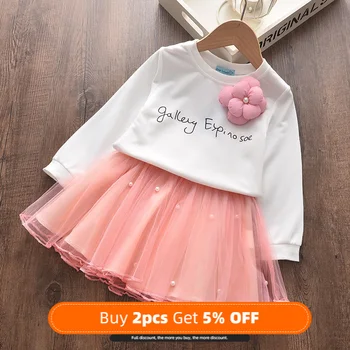 2022 Yeni Kız Elbise Sonbahar Bahar Sevimli Örgü Uzun Kollu Prenses Elbise Kız Çocuklar için Parti Elbise 2 6 7 Yıl Çocuk Giyim