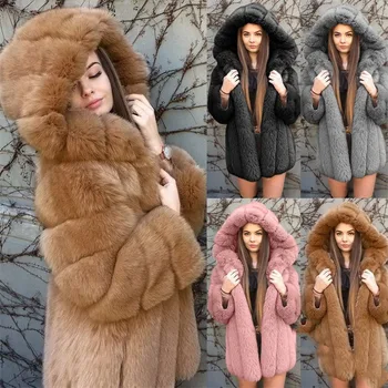 Moda Faux Fox kürk Ceket kadın Kış Kapşonlu Kürk Ceket Kadın Kalınlaşmak Giyim Yapay kürk Casual Tops Palto KW132