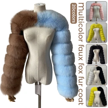 Kış Faux Fox Kürk Ceket Kadınlar Patchwork Uzun Kollu Sıcak Yapay Vizon Kısa Ceketler Kürklü Kürk Ceket Zarif Sahte Kürk Ceket