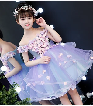 Yeni Lüks Çocuklar Aplikler Balo Çiçek Kız Düğün Kostüm Omuzsuz Prenses Balo Elbise Kız Doğum Günü Abiye