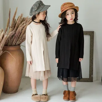 Kız Kazak Elbise Seti Örme Okula Geri Giyim Kış Sonbahar örme elbise + Tül Etek Çocuklar 2 Adet Takım Elbise 4 6 8 10 12 14 Y