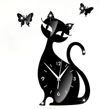 Duvar saati kedi ayna siyah duvar saati Modern tasarım ev dekor izle