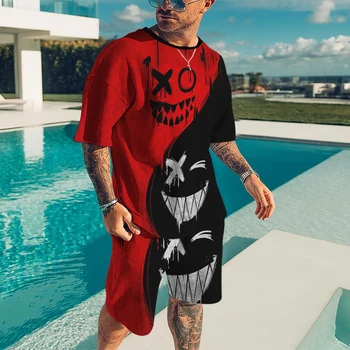 Büyük boy Ekip Boyun Streetwear Koyu Şeytan Gülen Gotik Harajuku Hip Hop Yaz Moda Trendi erkek Kısa Kollu şort takımı