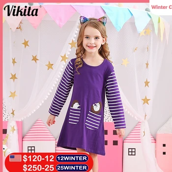 VIKITA Bebek Kız Kış Elbise Kız Çocuk Elbise Çizgili Karikatür Günlük Elbiseler Kızlar için Giysi Kostüm 2-8Y MS0277 Mix