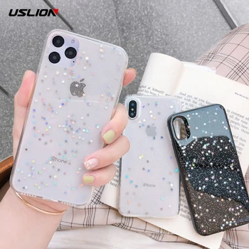 USLION Glitter Telefon Kılıfı İçin iPhone 14 11 12 13 Mini Pro XS Max XR X 7 8 Artı Yumuşak Yıldız Bling Glitter Temizle Kapak Çapa Funda