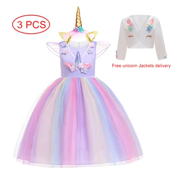 Çocuk Unicorn Elbise Ceket Seti Kız Gökkuşağı Örgü Prenses Elbiseler Çocuklar Festivali Performans Giyim Kız Doğum Günü Partisi İçin
