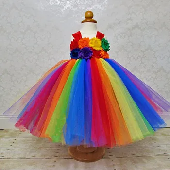 Gökkuşağı Tutu uzun elbise Bebek Kız Tığ Tül kemerli elbise Balo Perişan Çiçekler Çocuk Düğün parti giysileri Elbise