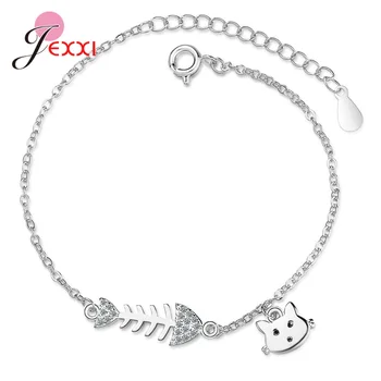 Yeni Basit Sevimli Kedi 925 Ayar Gümüş Küçük Balık Zinciri Bilezik Takı Kadınlar için Pulseira Feminina Tatlı Takı Kadın için