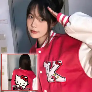 Hello Kittys Hoodie Beyzbol Üniforma Sanrios Tiki Gül Kırmızı Akın Anime Nakış Kawaii Sonbahar Kış Uzun Kollu Ceket