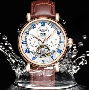 Jınyueda KINYUED çok fonksiyonlu moda tourbillon takvim erkek saati iş otomatik su geçirmez mekanik saat