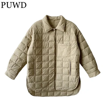PUWD Casual Kadınlar Katı Kapitone pamuklu ceket 2021 Sonbahar Kış Tek göğüslü Elmas Ekose Parka Yaka Gevşek Kadın Dış Giyim
