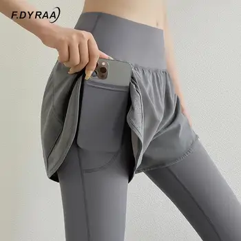 F. DYRAA Spor Yoga Pantolon Cep Spor Sahte İki Adet Spor Eğitimi Koşu Tayt Kadınlar Yüksek Elastik Bel Pantolon
