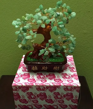 Feng Shui BÜYÜK YEŞİM YEŞİL KAYA KRİSTALLERİ Şanslı Para Ağacı PEMBE KUTU
