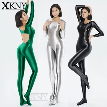 XCKNY yağ parlak tayt seksi pürüzsüz Tek Parça Cilt Bodysuit Unisex parlak pantolon Yoga Pantolon seksi backless Spandex Zentai Suit