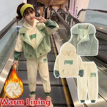 2021 Bebek Kız Yeni Kış sıcak Yelek Ceket + Hoodies + Pantolon 3 Adet Kalınlaşmak Polar Çocuk spor elbise Genç Giysileri Eşofman