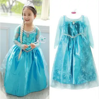 Bebek Kız Parlak Payetli Prenses Cosplay Kostüm 3-8Y Çocuk Çocuk Mavi Bir Çizgi Saten Örgü Parti Elbise Balo