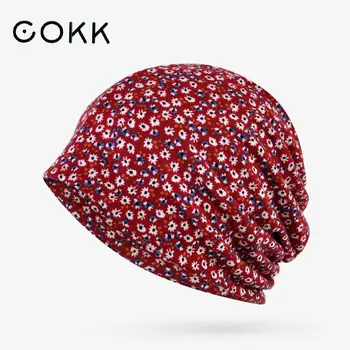 COKK Bahar Yaz Şapka Kadın Türban Ince Bere Çiçek Baskı Headdress Kaput Femme Vintage Gorro Şapkalar Baggy Kap Yeni Kırmızı