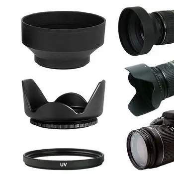 49 52 55 58 62 67 72 77MM Kauçuk lens hood + UV filtresi +lens kapağı canon Fuji X-T20 X-T2 T10 A2 X-E2 5D3 5D4 60D D3200 D7000