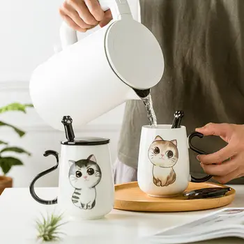 Çiftin Kupa Sevimli Kedi Seramik Kahve Fincanı Yaratıcı Büyük Kapasiteli Su Bardağı Ofis Kahve kapaklı bardak Kaşık KEDİCAT